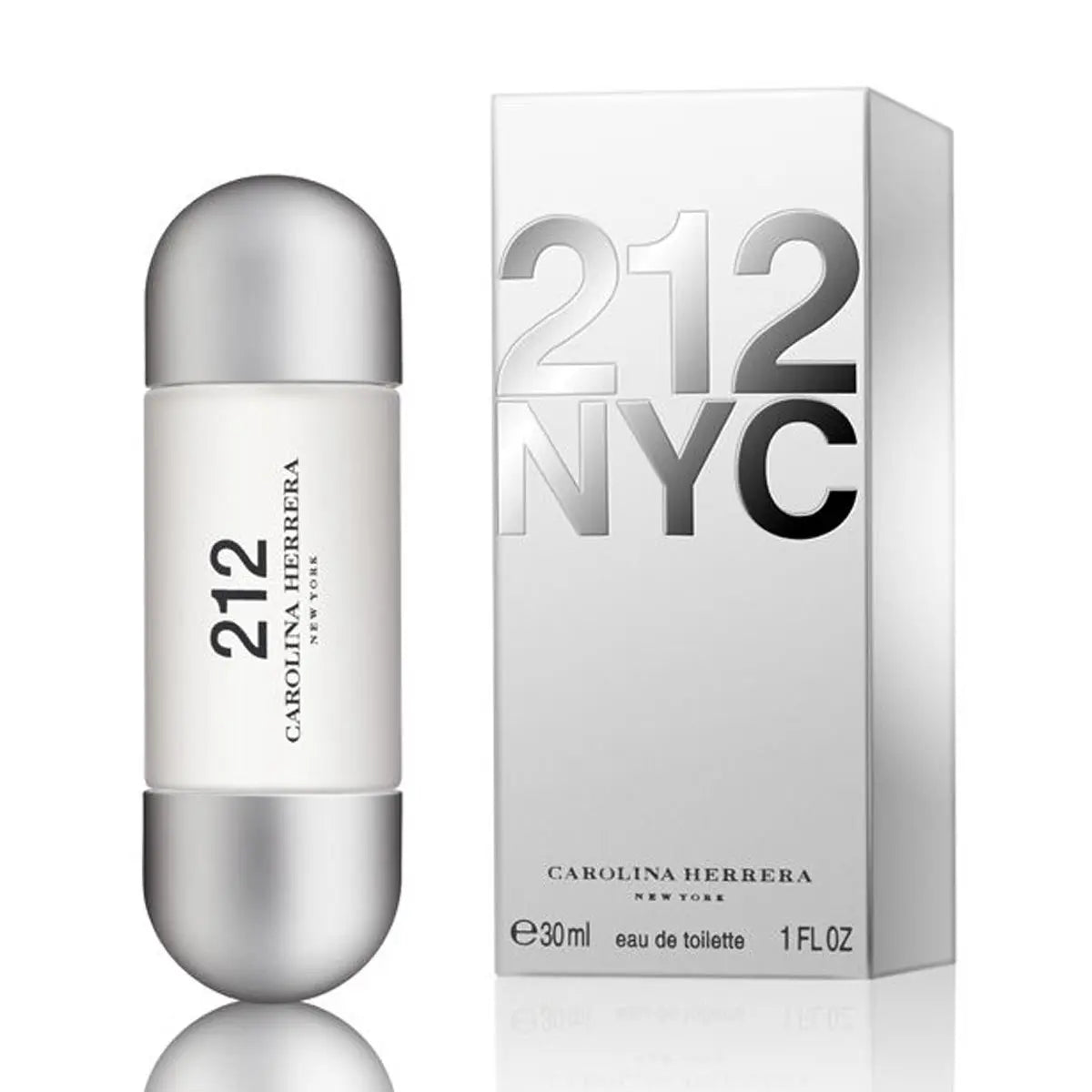 Carolina Herrera 212 NYC Eau de Toilette spray 30ml, stylish bottle with clear glass and silver cap, on a neutral background.