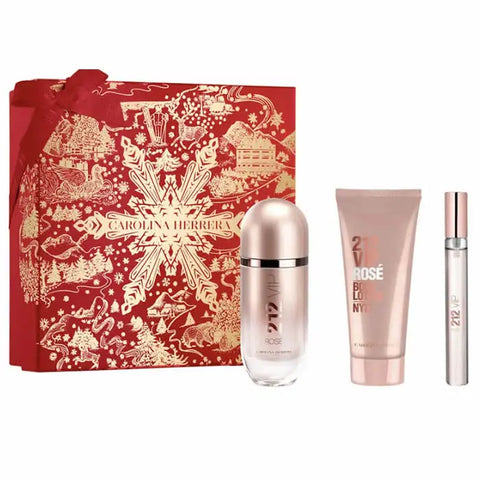 Set of three Carolina Herrera 212 VIP Rose Eau de Parfum sprays, each 80ml, featuring elegant pink bottles and floral design.