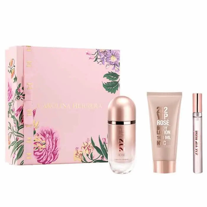 Three-piece set of Carolina Herrera 212 VIP Rose Eau de Perfume Spray bottles, each 80ml, displayed with floral design and elegant packaging
