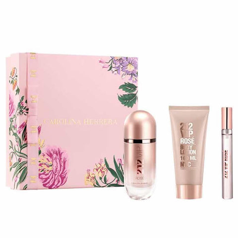 Set of three Carolina Herrera 212 VIP Rose perfume spray bottles, 80ml each, featuring floral pink bottles and elegant packaging.