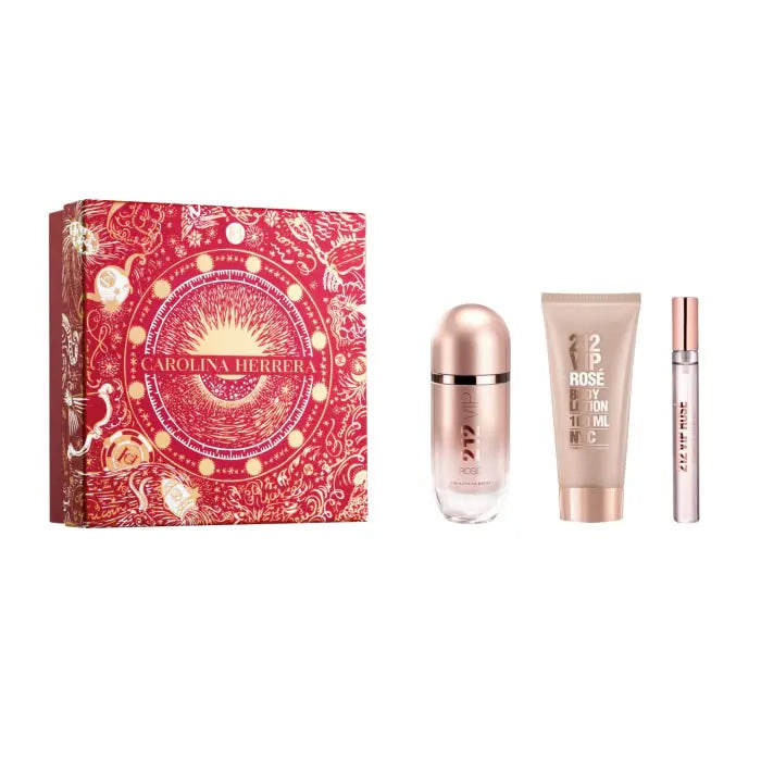 Carolina Herrera 212 VIP Rose perfume spray set, including three 80ml bottles, displayed with festive holiday theme.