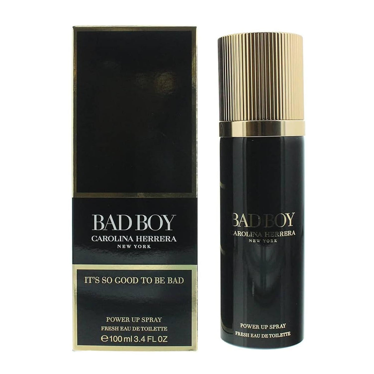 Carolina Herrera Bad Boy Spray Fresh Eau De Toilette Power Up 100ml bottle with sleek design and branding details visible.