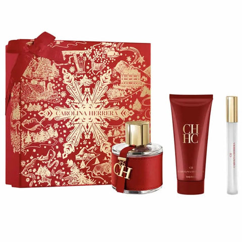 Carolina Herrera Ch Eau de Toilette spray 100ml set of 3 bottles, shown with elegant packaging and caps in the image.