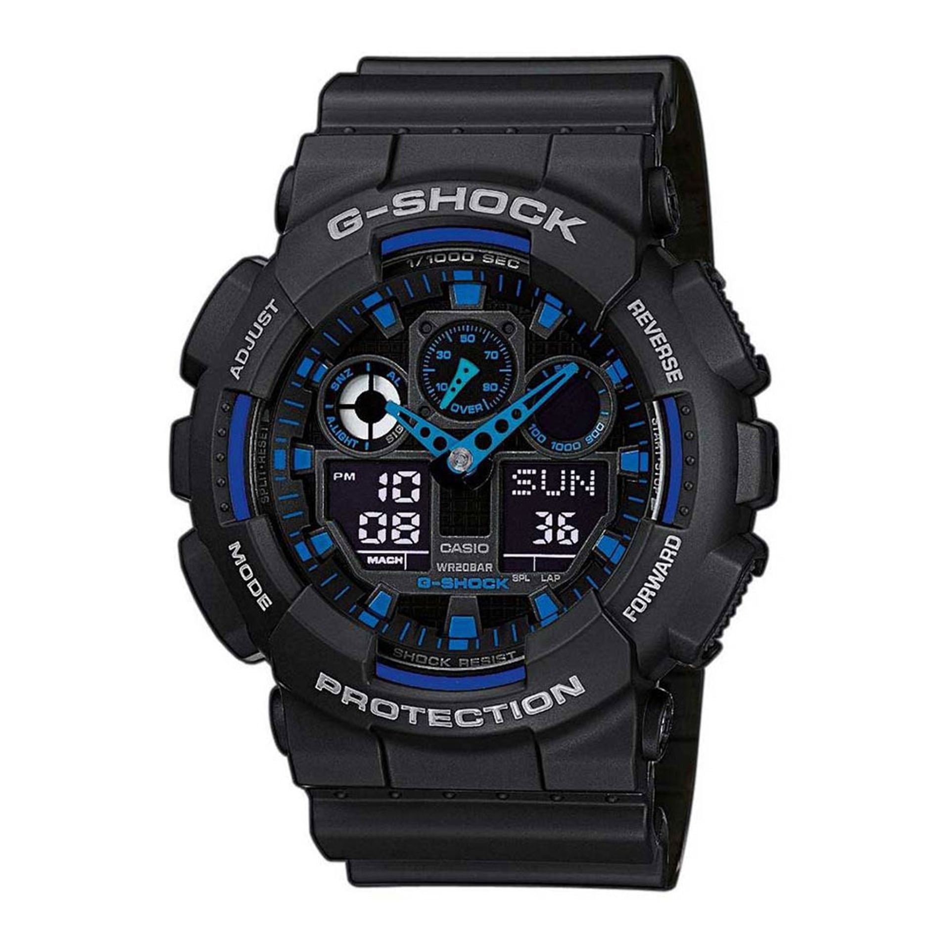 Casio GA-100-1A2ER analog digital men's watch with black band and large dial, styled by Jag Couture London New York.