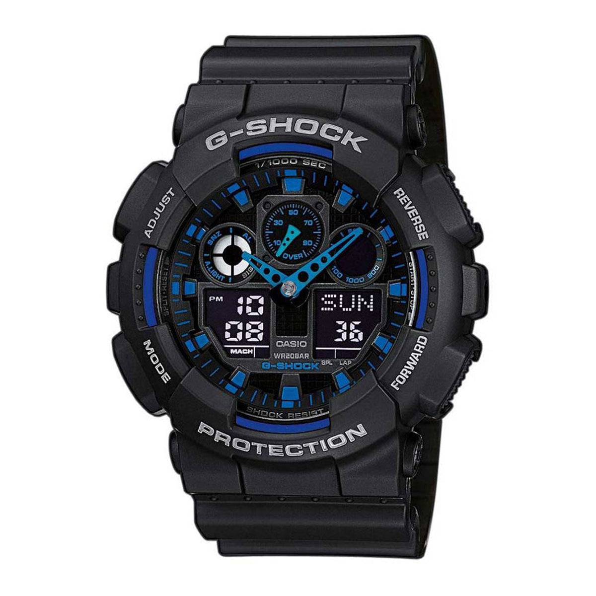 Casio GA-100-1A2ER analog digital men's watch with black band and large dial, styled by Jag Couture London New York.