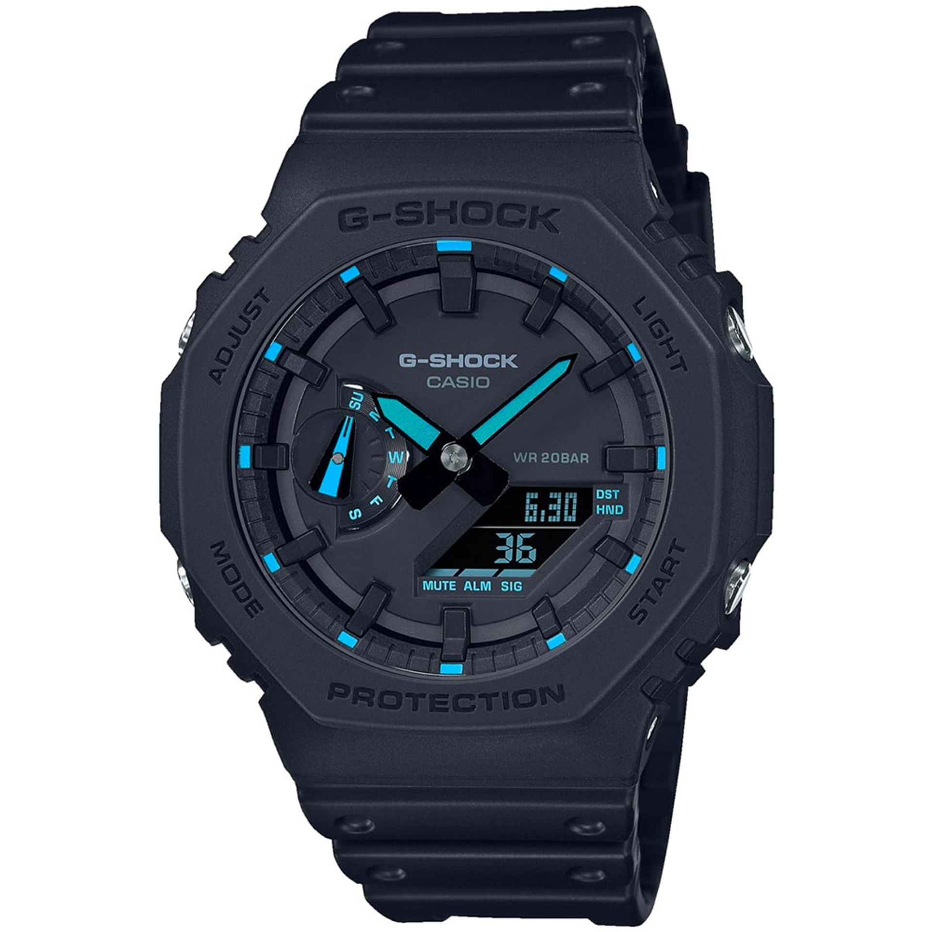 Casio G-Shock GA-2100-1A2ER watch with black resin band and analog-digital display, branded by Jag Couture London New York.