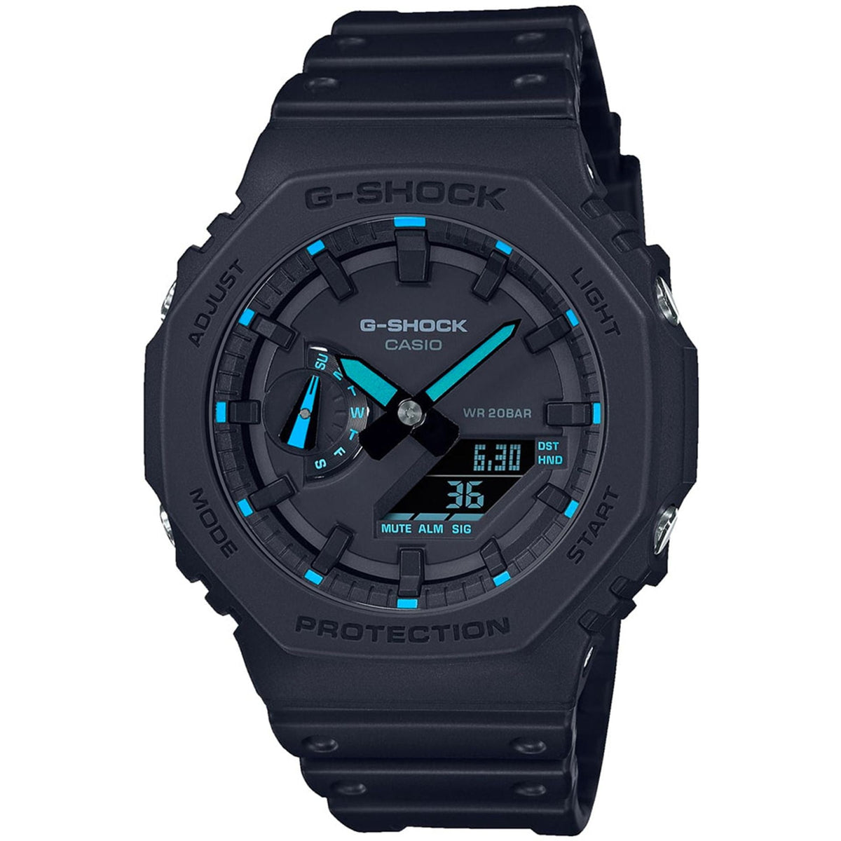 Casio G-Shock GA-2100-1A2ER watch with black resin band and analog-digital display, branded by Jag Couture London New York.