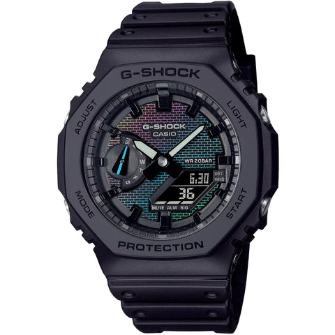 Casio GA-2100RW-1AER watch with black band and digital display, featuring a rugged design and multiple functions.