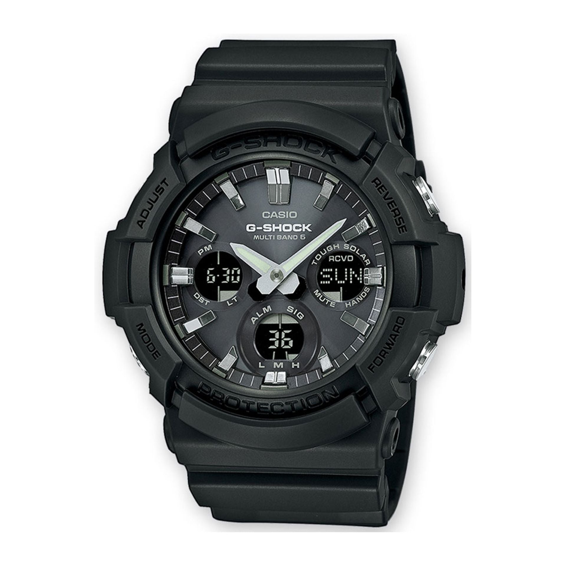 Casio G-Shock GAW-100B-1AER digital watch with black band and large display, styled in a rugged, sporty design.