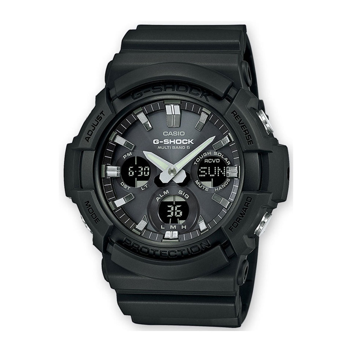 Casio G-Shock GAW-100B-1AER digital watch with black band and large display, styled in a rugged, sporty design.