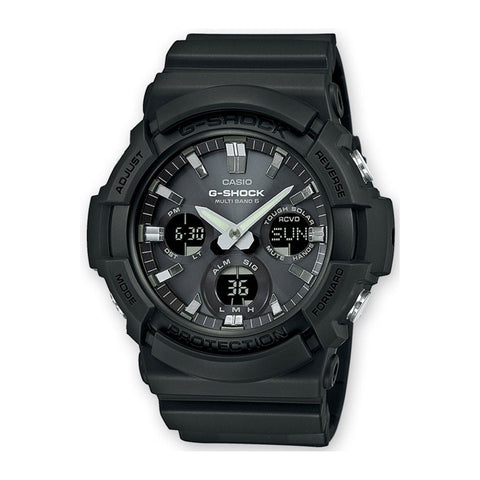 Casio G-Shock GAW-100B-1AER digital watch with black band and large display, styled in a rugged, sporty design.