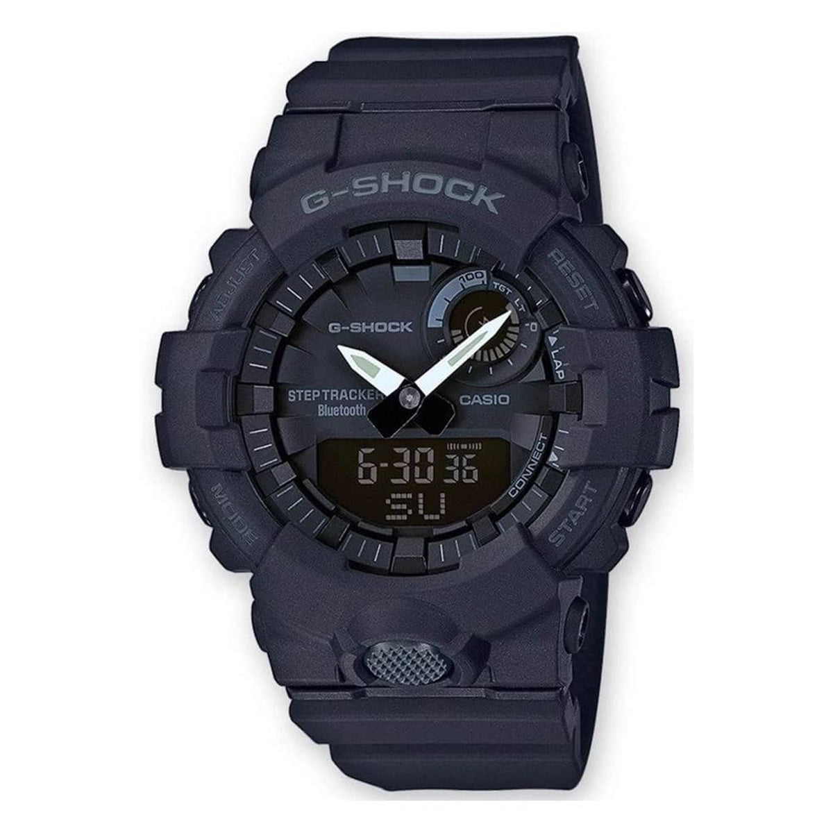 Casio GBA-800-1AER digital watch with black strap and display, featuring sporty design and multiple functions.