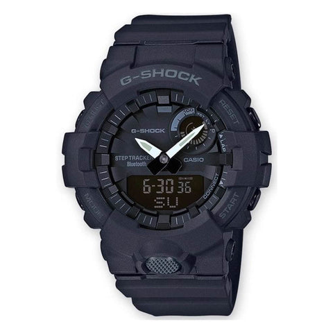 Casio GBA-800-1AER digital watch with black strap and display, featuring sporty design and multiple functions.