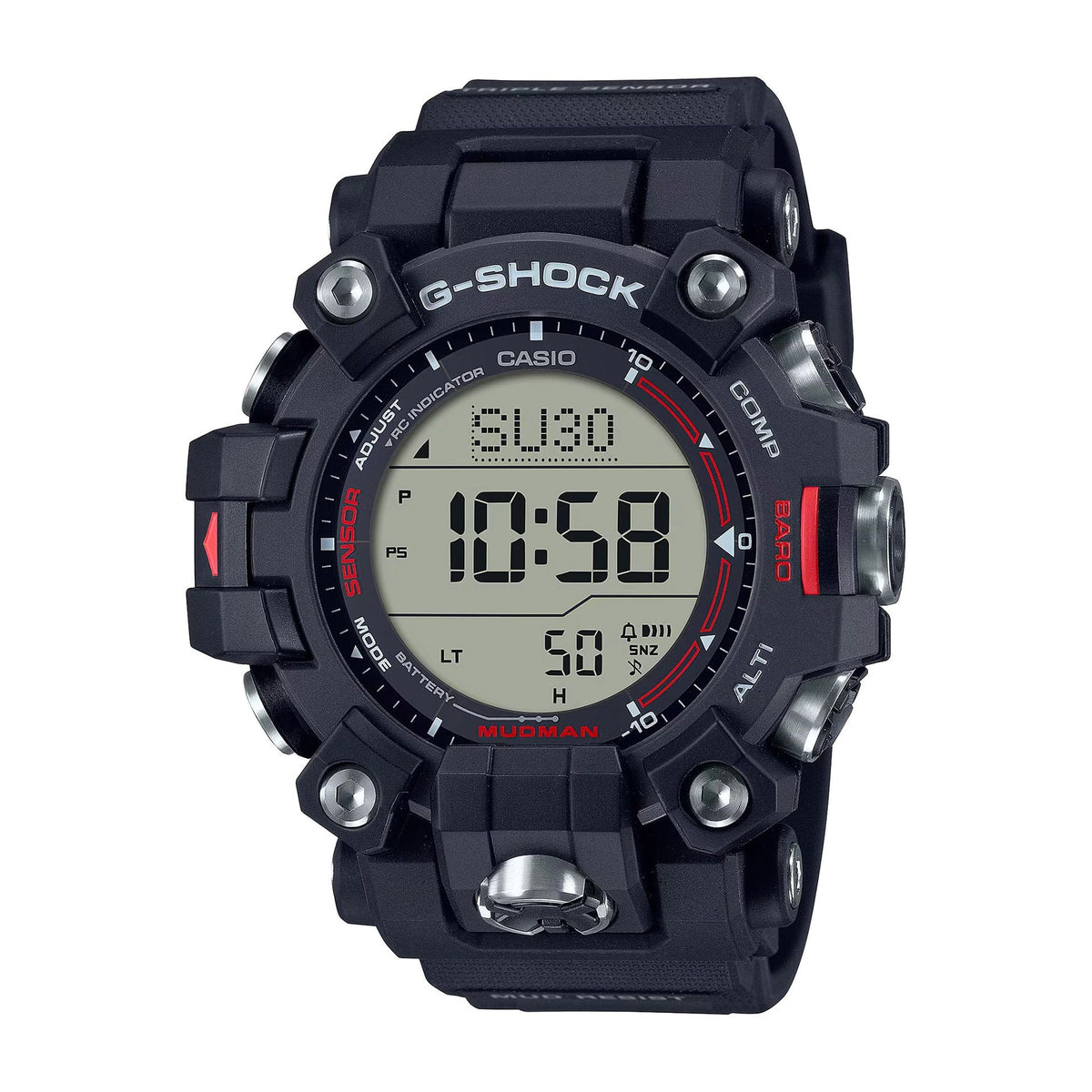 Casio G-Shock GW-9500-1ER watch with black resin band and digital display, shown in a product image.