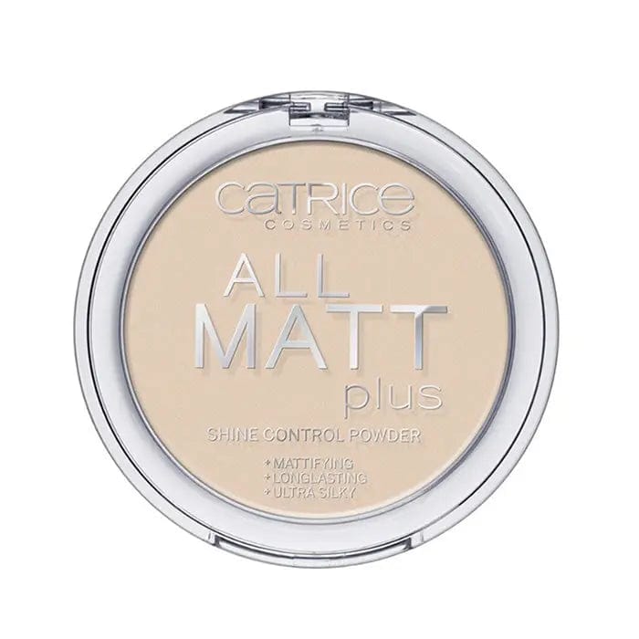 Catrice All Matt Plus Shine Control Powder 010 Transparent in 10g jar, with a sleek compact showcasing matte finish and shine control features.