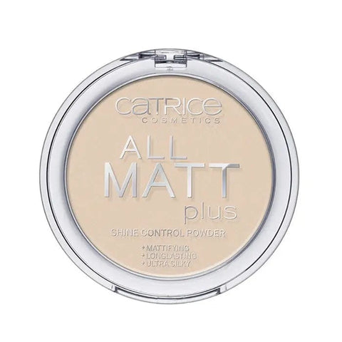 Catrice All Matt Plus Shine Control Powder 010 Transparent in 10g jar, with a sleek compact showcasing matte finish and shine control features.