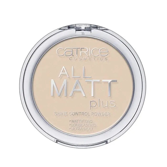 Catrice All Matt Plus Shine Control Powder in 010 Transparent, 10g, featuring a compact with smooth, matte finish for shine reduction.