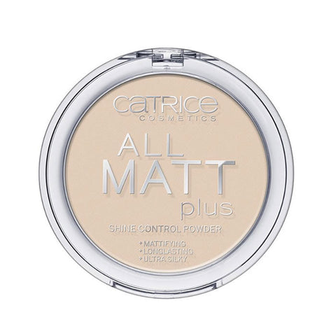 Catrice All Matt Plus Shine Control Powder in 010 Transparent, 10g, with a compact powder case and open lid showing the product inside.
