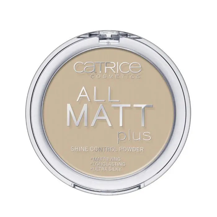 Catrice All Matt Plus Shine Control Powder in Warm Beige, 10g, with a compact case showing the matte powder inside.