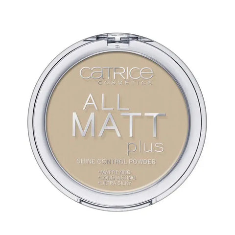 Catrice All Matt Plus Shine Control Powder in Warm Beige, 10g, with a compact case showing the matte powder inside.