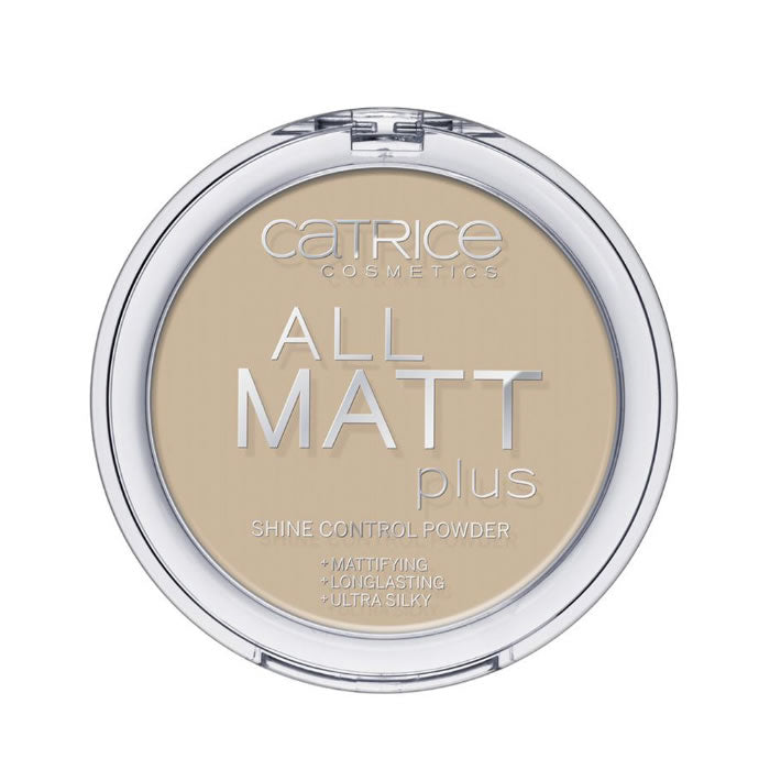 Catrice All Matt Plus Shine Control Powder in shade 030 Warm Beige, 10g, with a compact powder case and open lid showing the product
