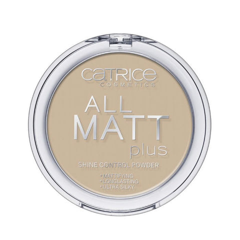 Catrice All Matt Plus Shine Control Powder in shade 030 Warm Beige, 10g, with a compact powder case and open lid showing the product