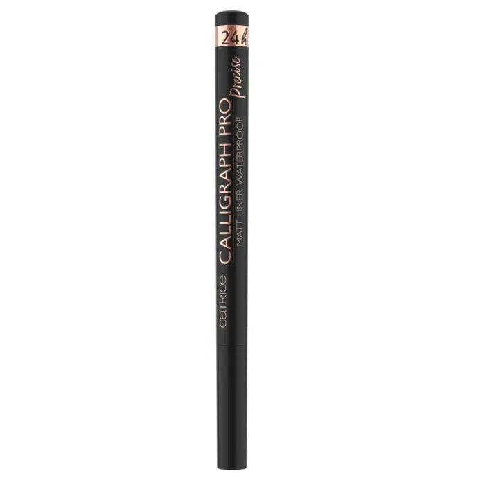 Catrice Calligraph Pro Precise 24h Matt Waterproof Black Eyeliner applied on eyelids, showcasing its sleek, precise tip and matte finish.