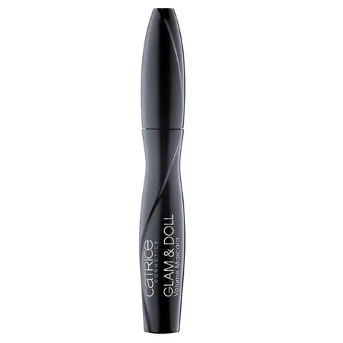 Catrice Glam & Doll Volume Mascara in Ultra Black, 10ml, displayed with its sleek black packaging and brush applicator visible.