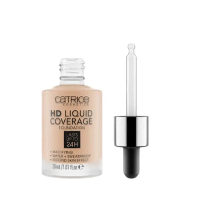 Catrice HD Liquid Coverage Foundation in 030 Sand Beige, 30ml, with a sleek bottle and applicator for long-lasting makeup.
