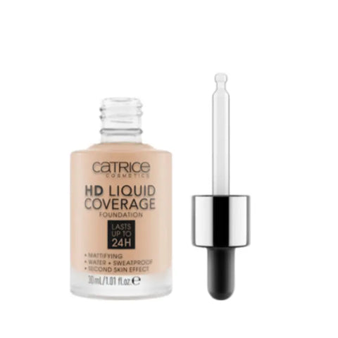 Catrice HD Liquid Coverage Foundation in shade 030 Sand Beige, 30ml bottle, featuring a sleek design with a pump dispenser.