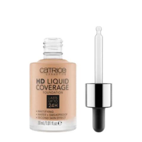 Catrice HD Liquid Coverage Foundation in Warm Beige, 30ml bottle, with a sleek packaging and applicator, long-lasting up to 24 hours