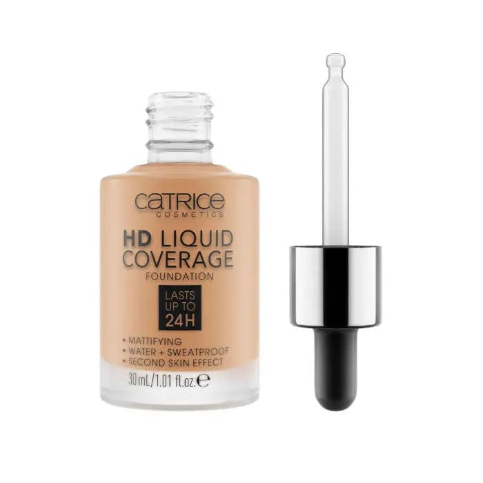 Catrice HD Liquid Coverage Foundation in shade 046 Camel Beige, 30ml bottle, with a sleek packaging and applicator.