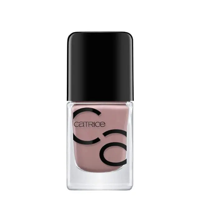 Catrice Iconails Gel Lacquer in Rosywood Hills, 10.5ml bottle, with glossy pink nail polish and product label visible.