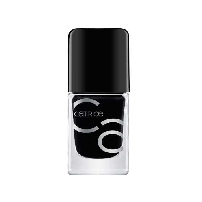 Catrice Iconails Gel Lacquer in Black To The Routes, 10.5ml bottle with black nail polish, displayed in a sleek packaging.