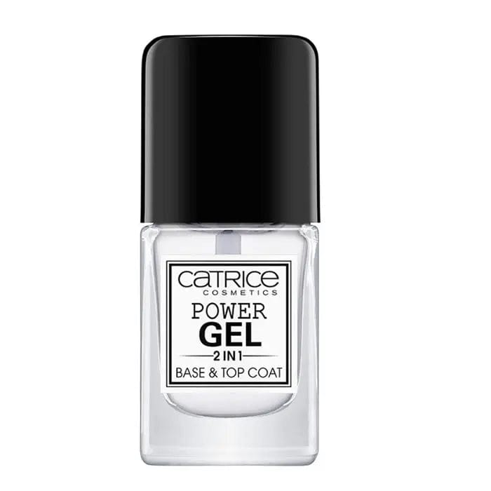 Catrice Power Gel 2-in-1 Base and Top Coat in 10.5ml jar, with a sleek bottle design, displayed on a neutral background.