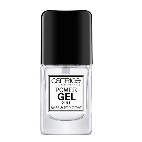 Catrice Power Gel 2-in-1 Base and Top Coat in 10.5ml jar, with a sleek bottle design, displayed on a neutral background.