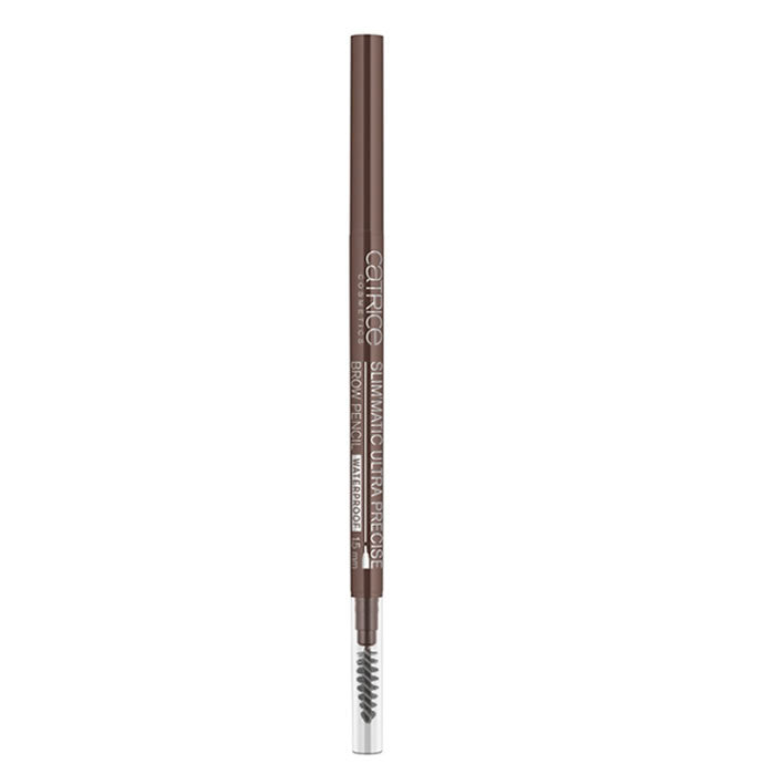Catrice Slim`matic Ultra Precise Waterproof Brow Pencil in Cool Brown, showing the pencil tip and packaging on a white background.