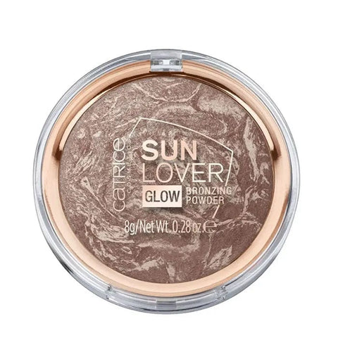 Catrice Sun Lover Glow Bronzing Powder in 010 Sun Kissed Bronze, featuring warm, shimmering bronzer shade in a compact for a natural glow.