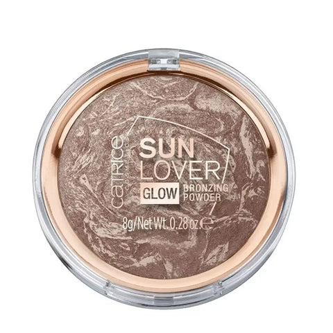 Catrice Sun Lover Glow Bronzing Powder in 010 Sun Kissed Bronze, featuring warm-toned pressed powder with a radiant finish.