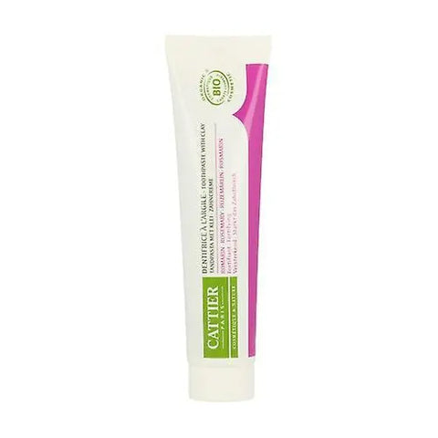 Cattier Paris Dentifrico Dentargile Romero toothpaste in a 75ml tube, featuring natural clay ingredients, displayed on a bathroom counter.