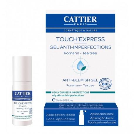 Cattier Paris Touch Express Acne treatment in 5ml bottle, featuring natural ingredients for skin clarity and blemish reduction