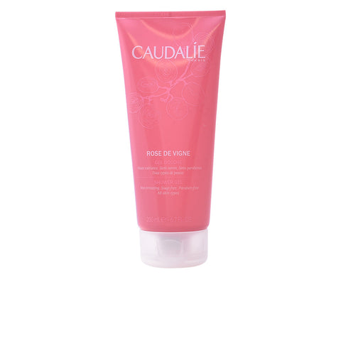 Caudalie Rose De Vigne Shower Gel in a 200ml bottle, featuring a floral rose design, displayed on a bathroom shelf.
