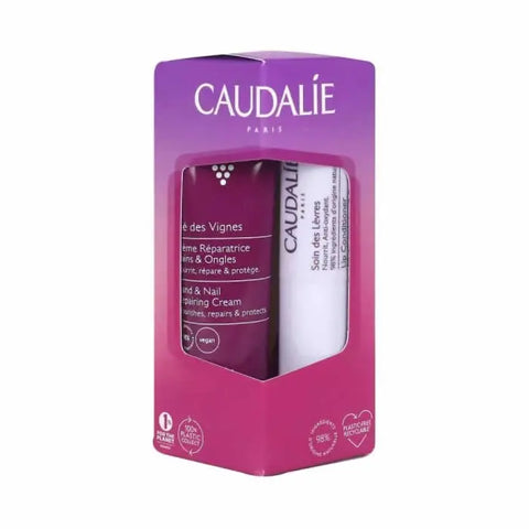 Caudalie Thé Des Vignes Hand and Nail Cream 30ml with Lip Balm 4.5g, shown in a sleek packaging.