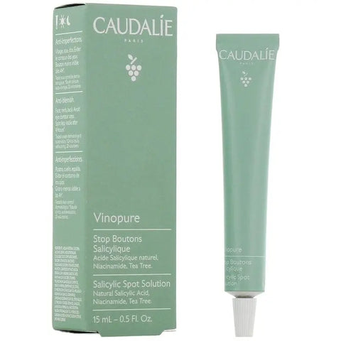 Caudalie Vinopure Salicylic Spot Solution 15ml, clear bottle with dropper for targeting blemishes and acne-prone skin