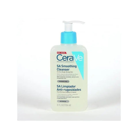 Cerave SA Anti-Rough Cleaner 236ml, a gentle exfoliating cleanser from Jag Couture London - New York, shown in a clear bottle.