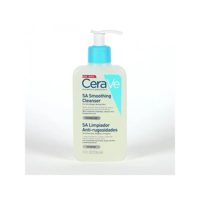 Cerave SA Anti-Rough Cleaner in 236ml bottle, designed to exfoliate and smooth rough, dry skin with gentle cleansing.