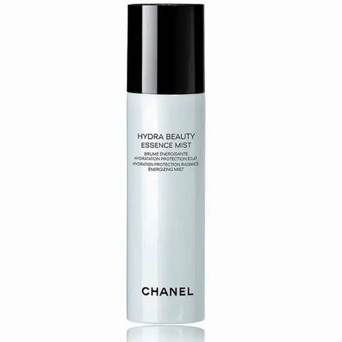 Chanel Hydra Beauty Essence Mist 48g bottle with clear spray cap, displayed on a neutral background, highlighting the skincare product.