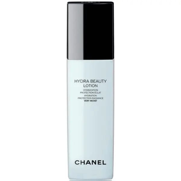 Jag Couture London-New York display of Chanel Hydra Beauty Lotion Very Moist 150ml bottle with sleek packaging and clear label.