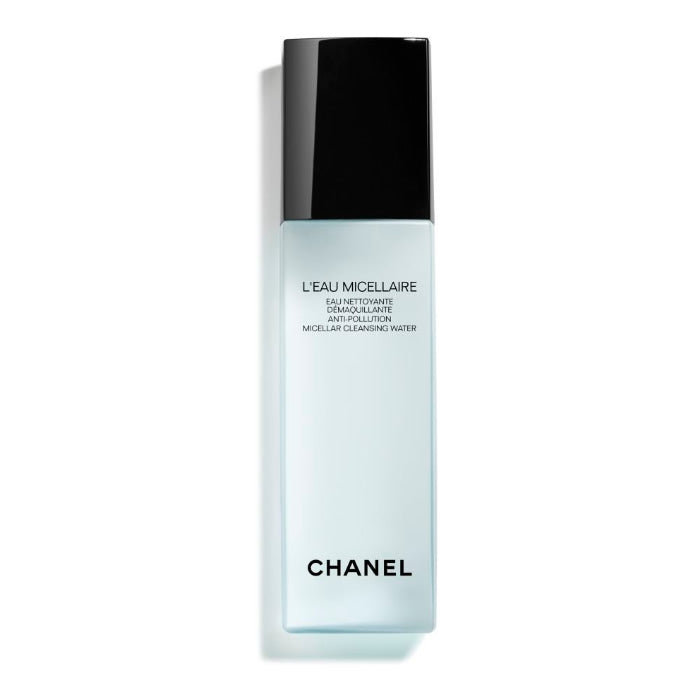 Chanel L'Eau Micellaire Micellar Cleansing Water 150ml bottle on a bathroom counter, featuring a sleek transparent design with blue accents.