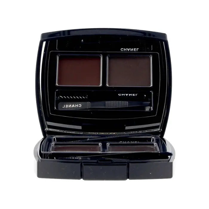 Chanel La Palette Sourcils Duo 03 Dark eyebrow palette with two shades and applicator brushes on a white background.